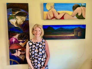 Honey Clarke and three of her large acrylic paintings.